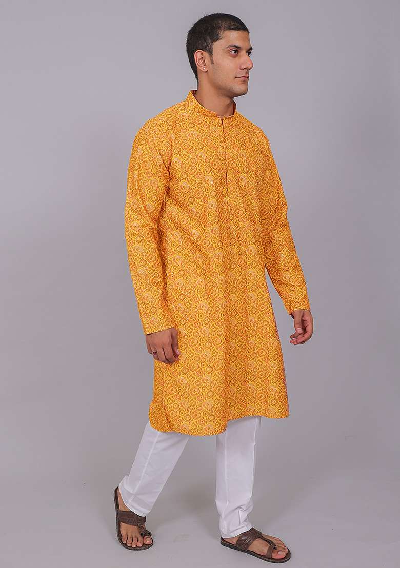Yellow Pink Printed Cotton Kurta Set For Men - Indya