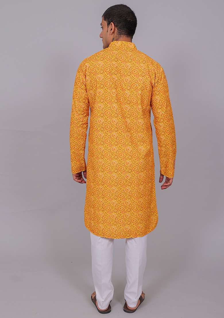 Yellow Pink Printed Cotton Kurta Set For Men - Indya