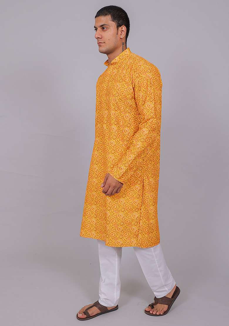 Yellow Pink Printed Cotton Kurta Set For Men - Indya