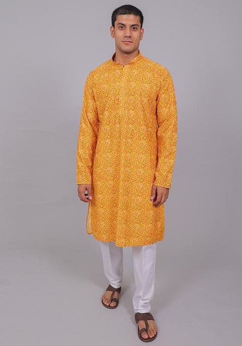 Yellow Pink Printed Cotton Kurta Set For Men — view on Indya