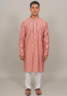 Pink Embroidered Cotton Blend Kurta Set For Men