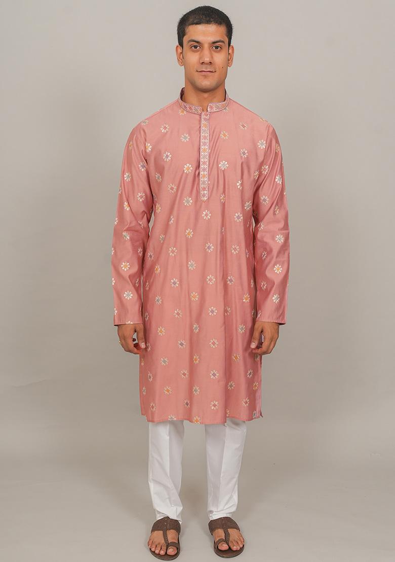 Pink Embroidered Cotton Blend Kurta Set For Men