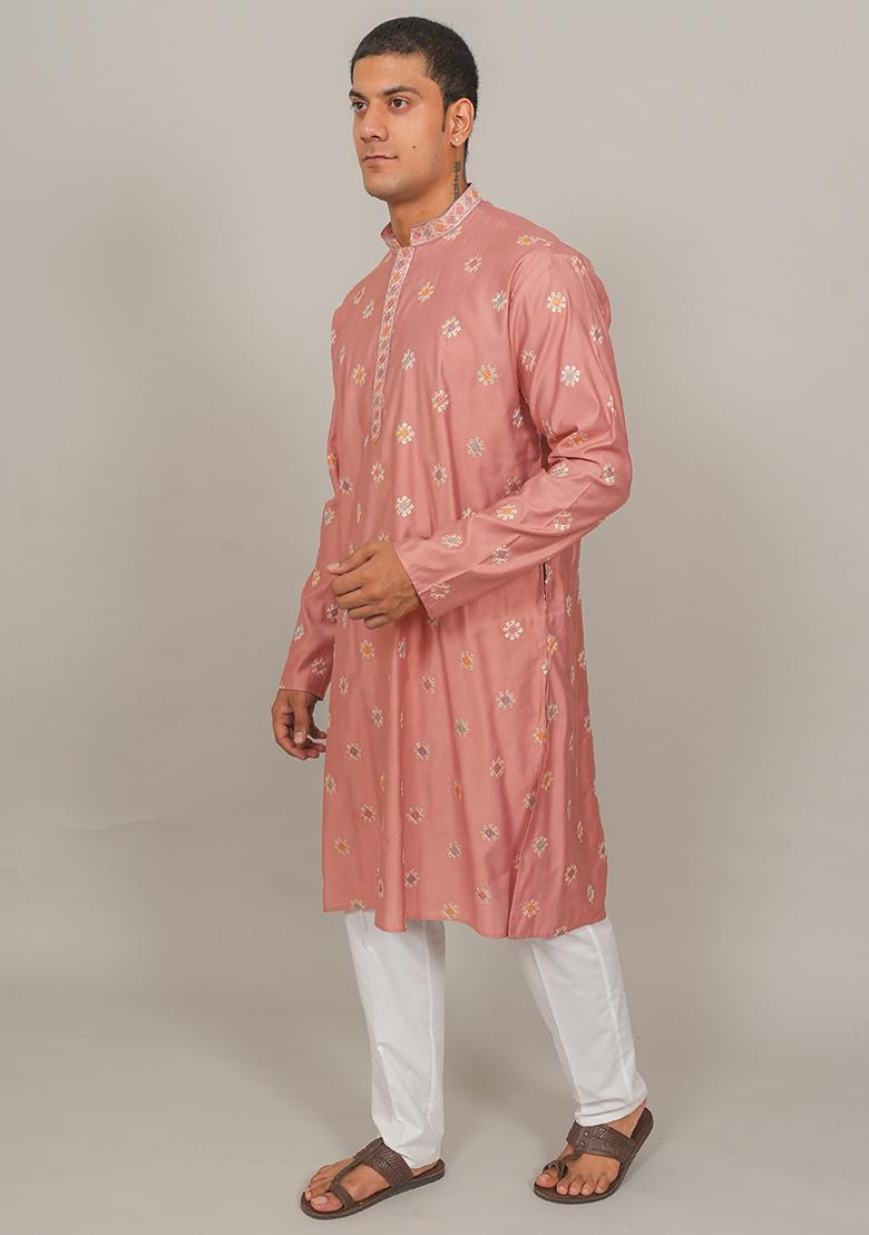 Pink Embroidered Cotton Blend Kurta Set For Men