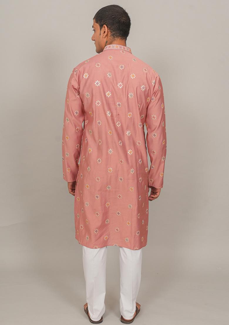 Pink Embroidered Cotton Blend Kurta Set For Men