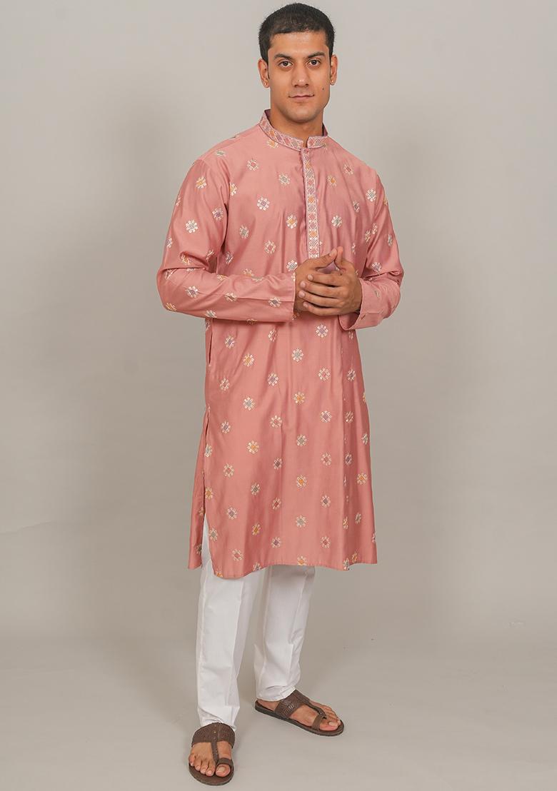 Pink Embroidered Cotton Blend Kurta Set For Men