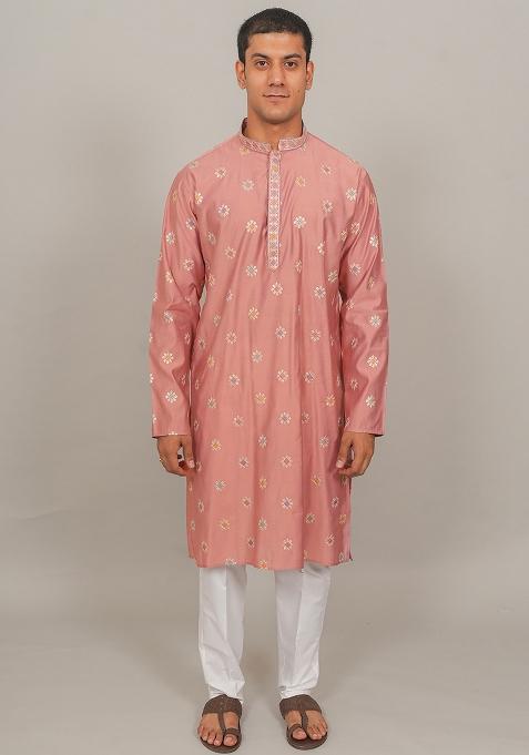 Pink Embroidered Cotton Blend Kurta Set For Men