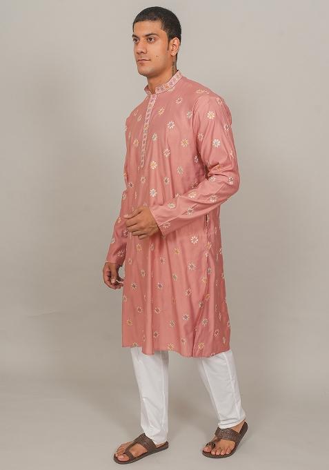 Pink Embroidered Cotton Blend Kurta Set For Men