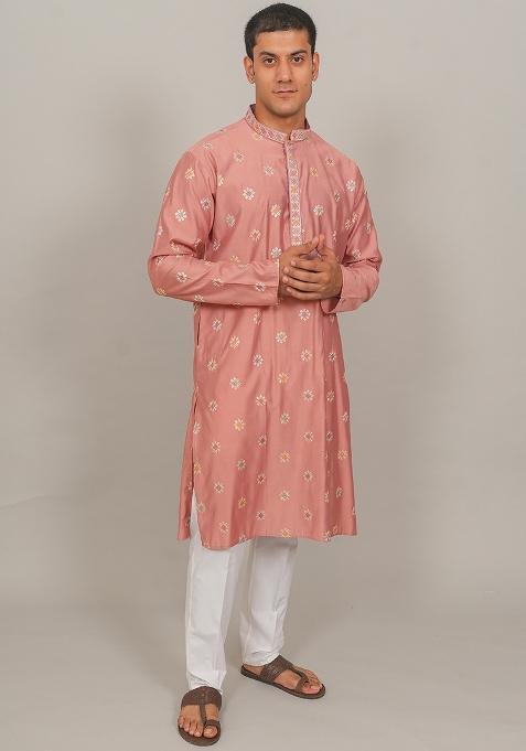 Pink Embroidered Cotton Blend Kurta Set For Men
