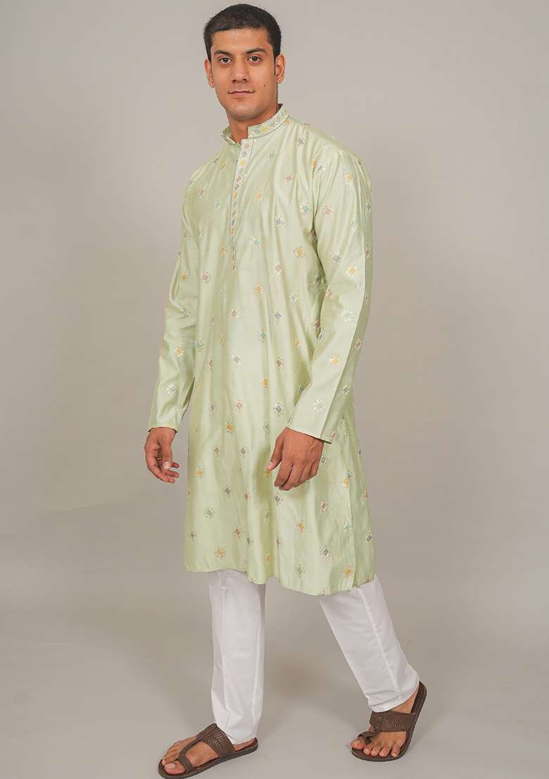 Pista Green Embroidered Cotton Blend Kurta Set For Men - Indya