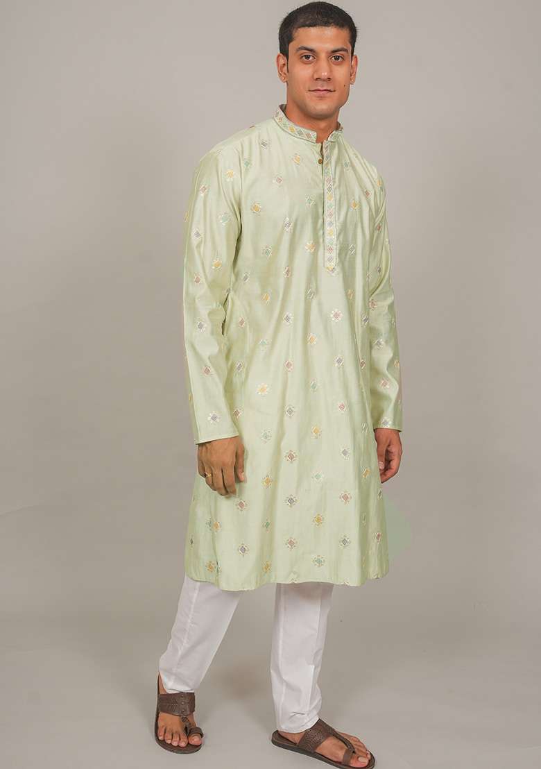 Pista Green Embroidered Cotton Blend Kurta Set For Men - Indya