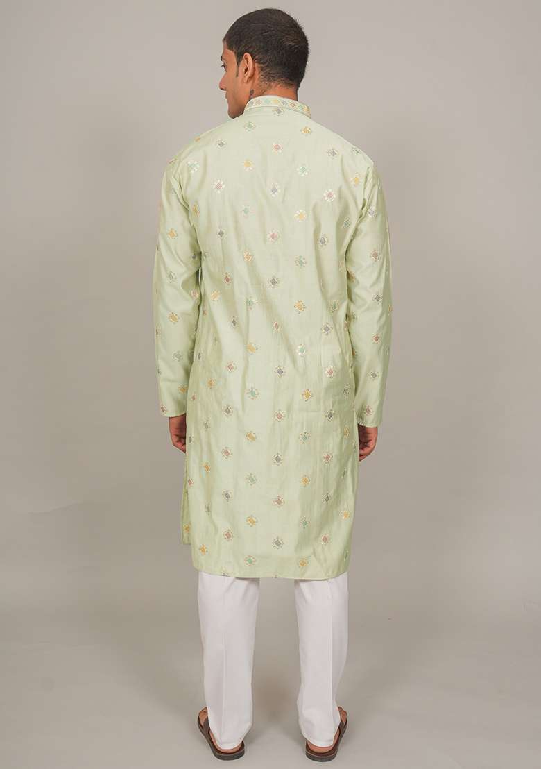 Pista Green Embroidered Cotton Blend Kurta Set For Men - Indya