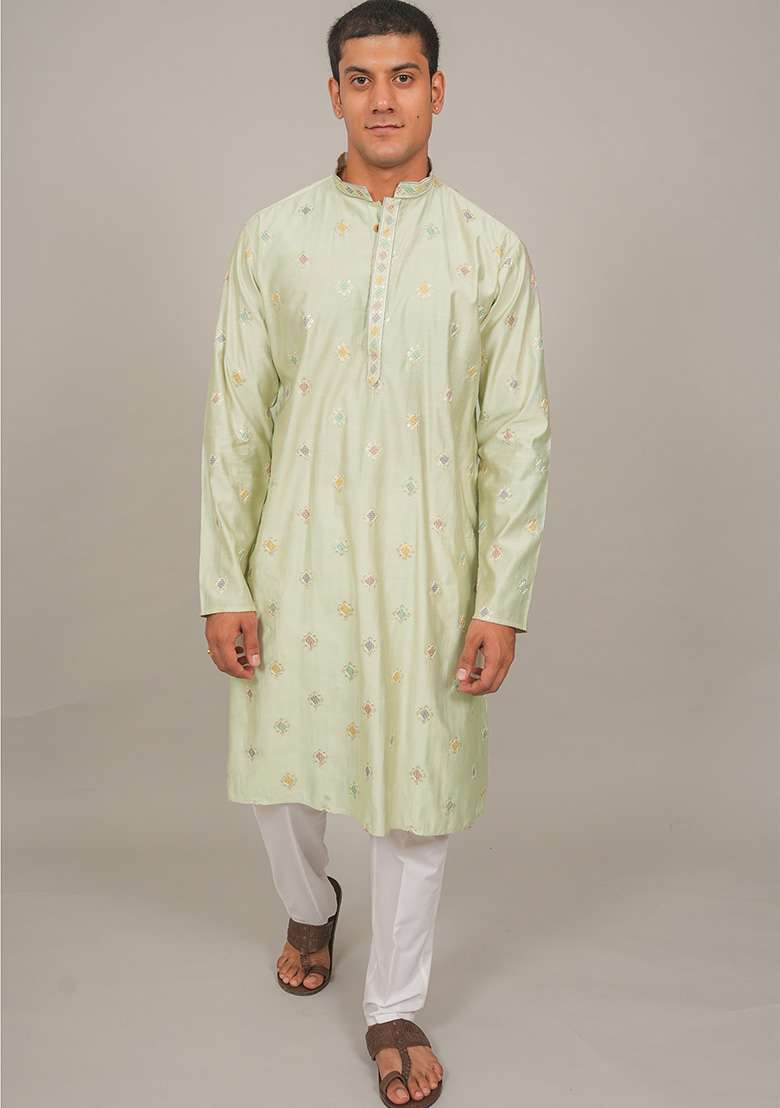 Pista Green Embroidered Cotton Blend Kurta Set For Men - Indya