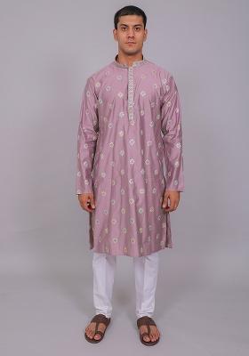 Purple Embroidered Cotton Blend Kurta Set For Men
