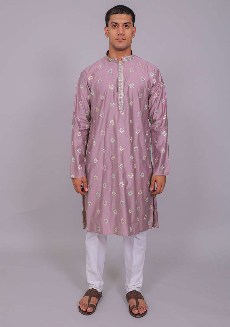 Purple Embroidered Cotton Blend Kurta Set For Men - Indya