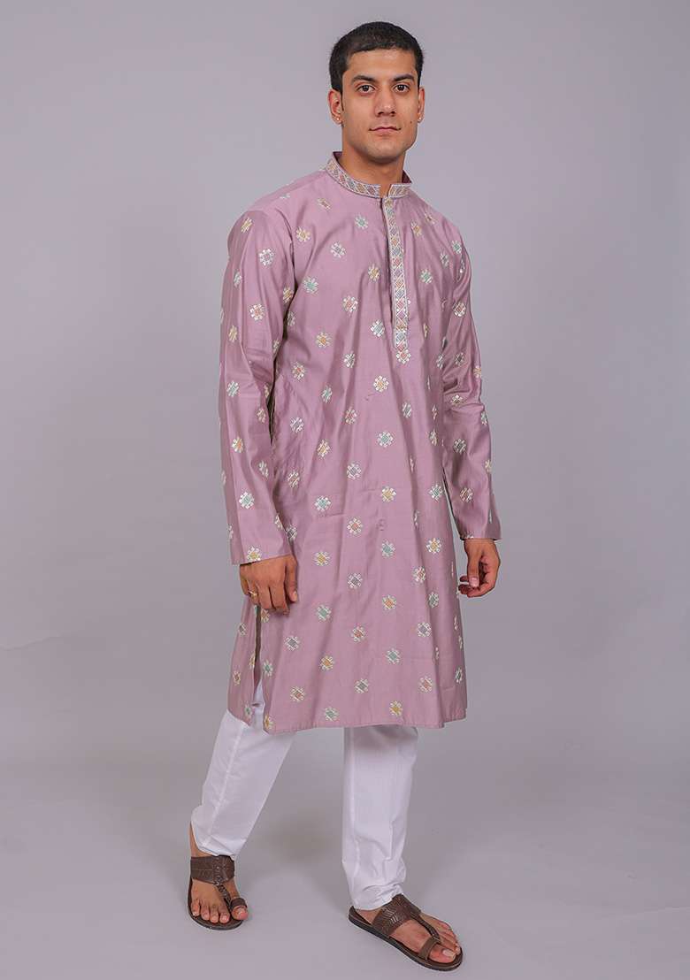 Purple Embroidered Cotton Blend Kurta Set For Men - Indya