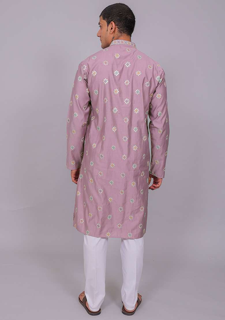 Purple Embroidered Cotton Blend Kurta Set For Men - Indya