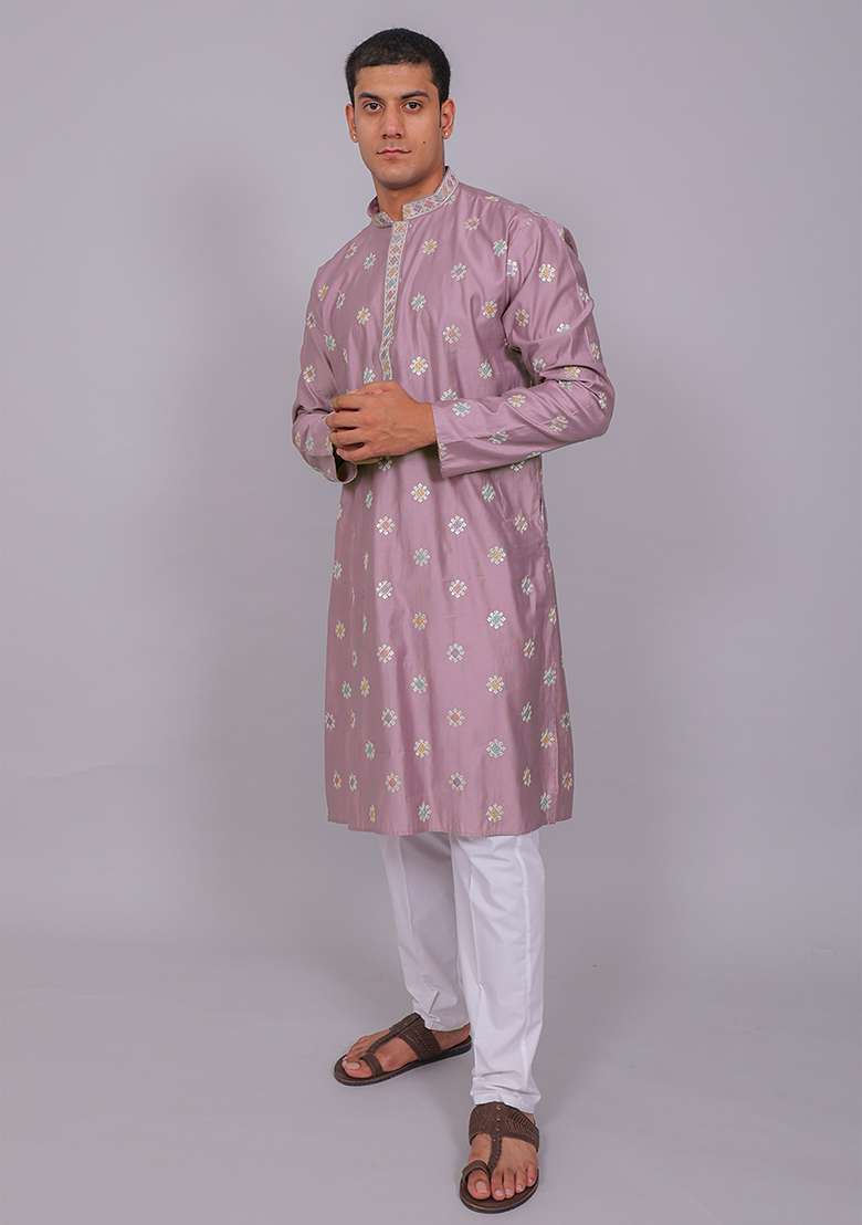 Purple Embroidered Cotton Blend Kurta Set For Men - Indya