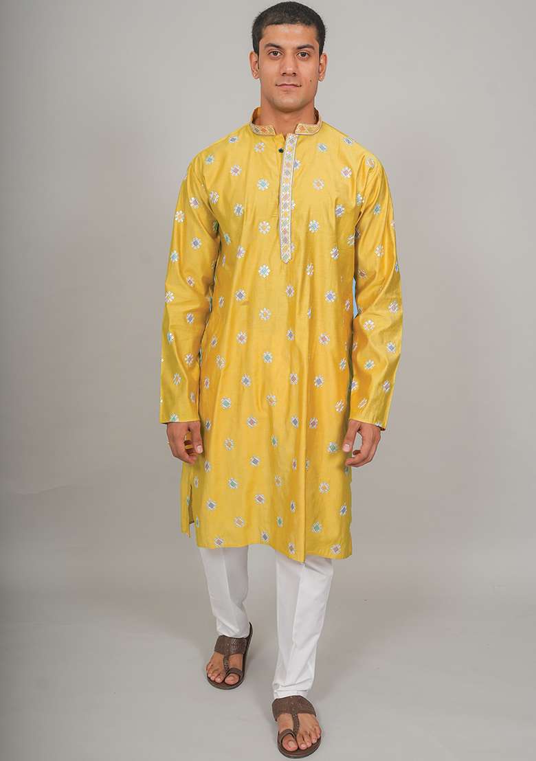 Yellow Embroidered Cotton Blend Kurta Set For Men - Indya