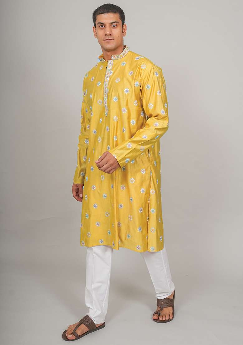 Yellow Embroidered Cotton Blend Kurta Set For Men - Indya