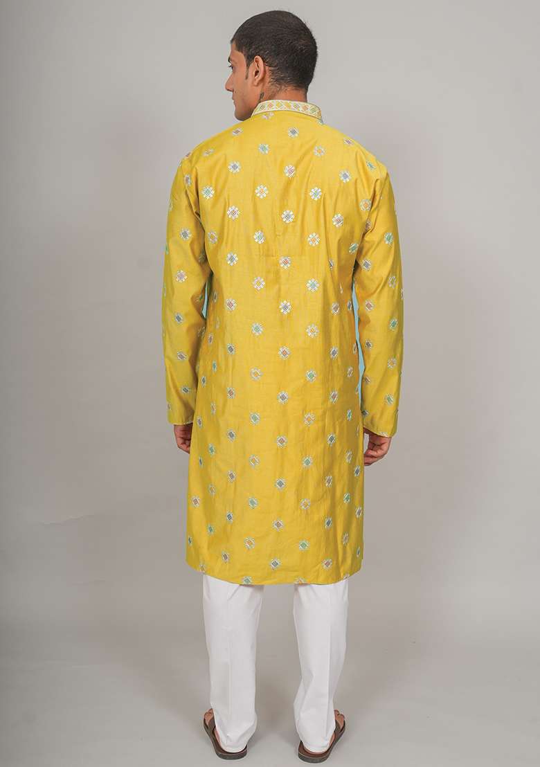 Yellow Embroidered Cotton Blend Kurta Set For Men - Indya