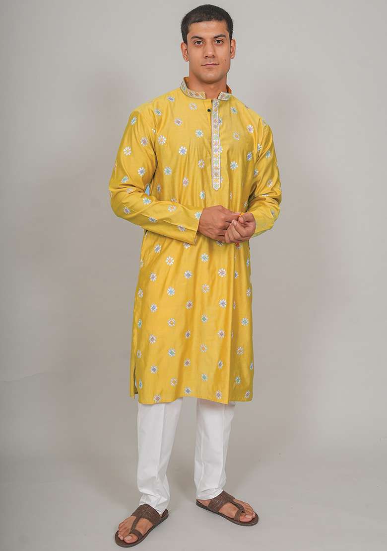 Yellow Embroidered Cotton Blend Kurta Set For Men - Indya