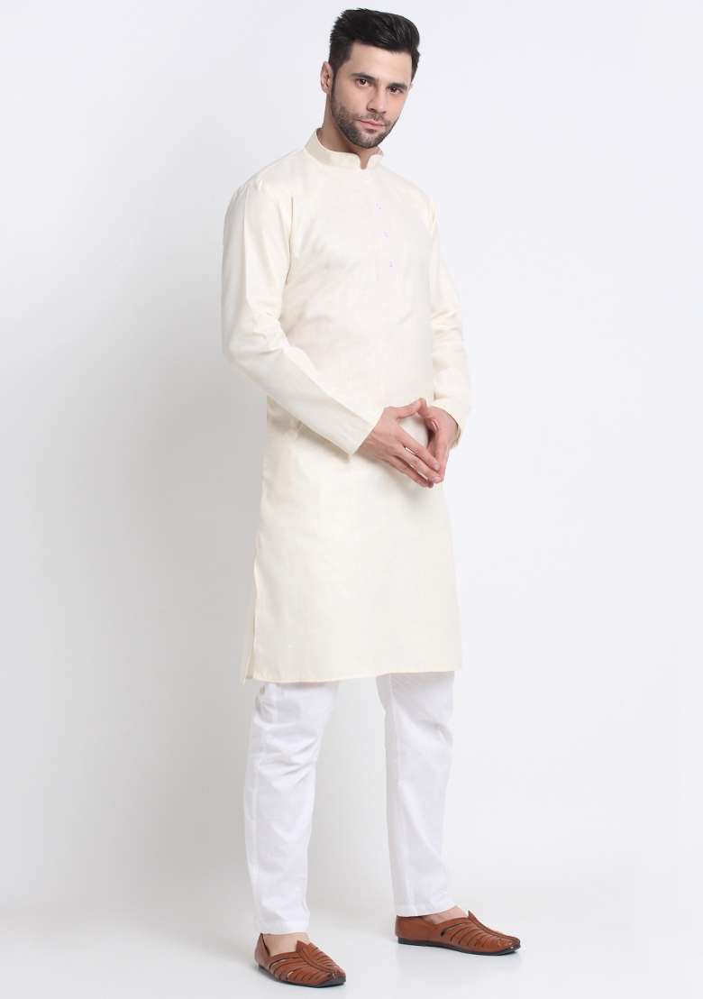 Cream Solid Cotton Blend Kurta For Men - Indya