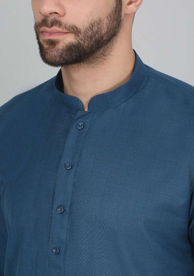 Denim Blue Solid Cotton Blend Kurta For Men - Indya