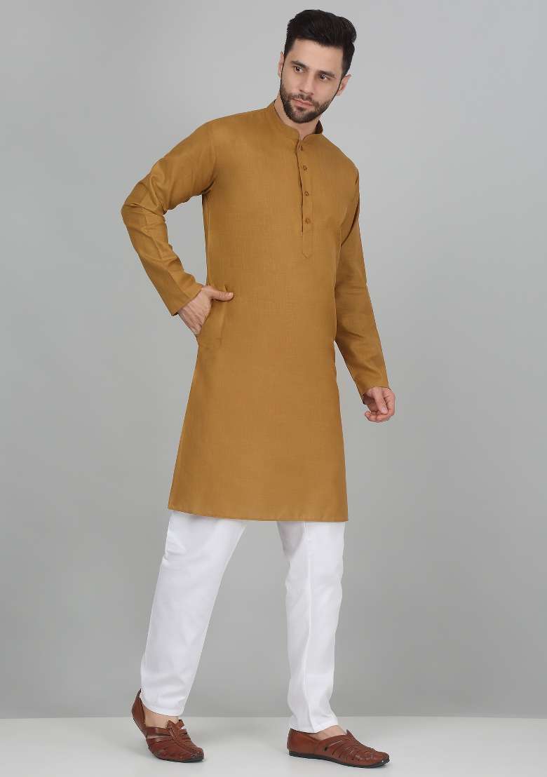 Gold Solid Cotton Blend Kurta For Men - Indya