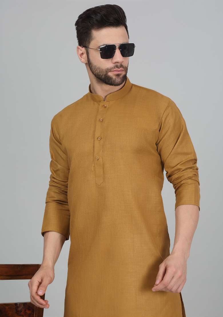 Gold Solid Cotton Blend Kurta For Men - Indya