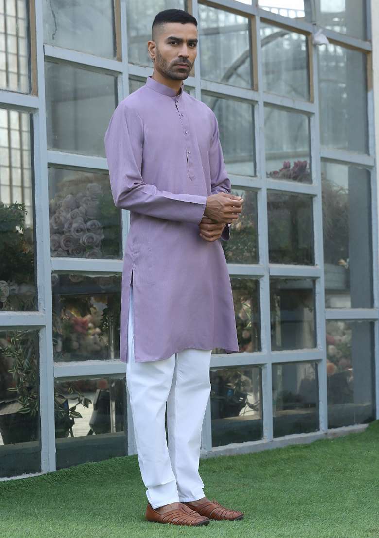 Mauve Solid Cotton Blend Kurta For Men - Indya