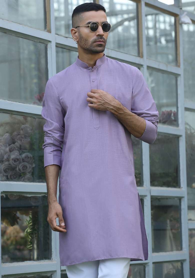 Mauve Solid Cotton Blend Kurta For Men - Indya
