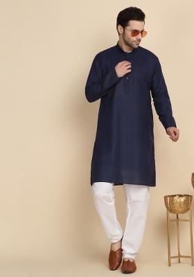Navy Blue Solid Cotton Blend Kurta For Men