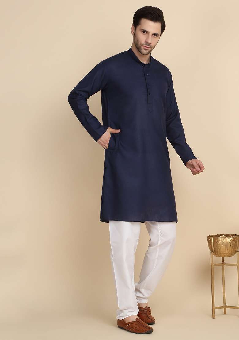 Navy Blue Solid Cotton Blend Kurta For Men - Indya