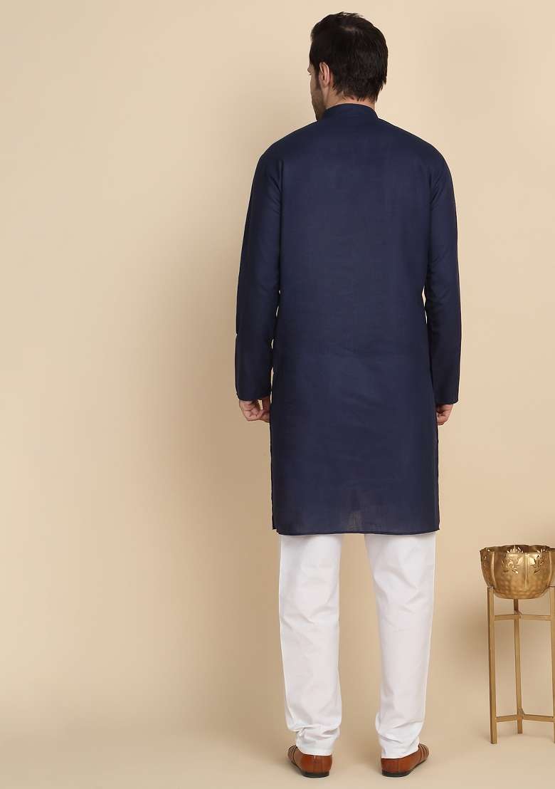Navy Blue Solid Cotton Blend Kurta For Men - Indya