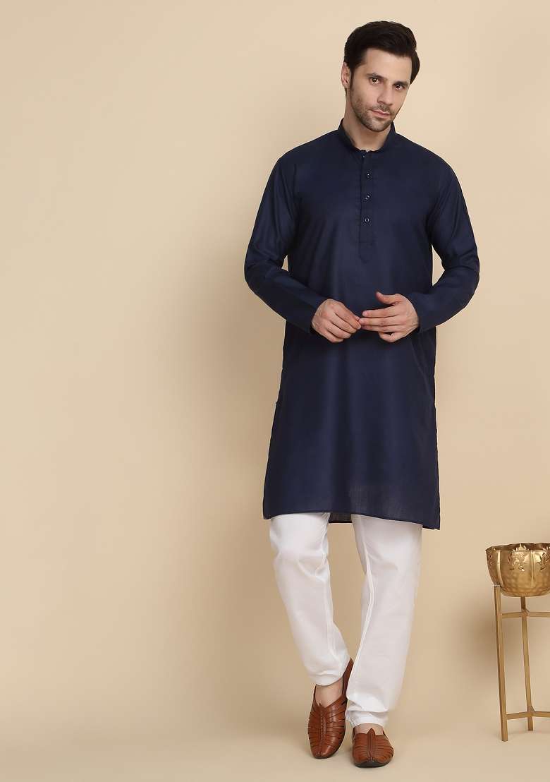 Navy Blue Solid Cotton Blend Kurta For Men - Indya