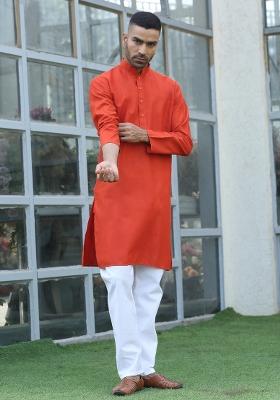 Orange Solid Cotton Blend Kurta For Men
