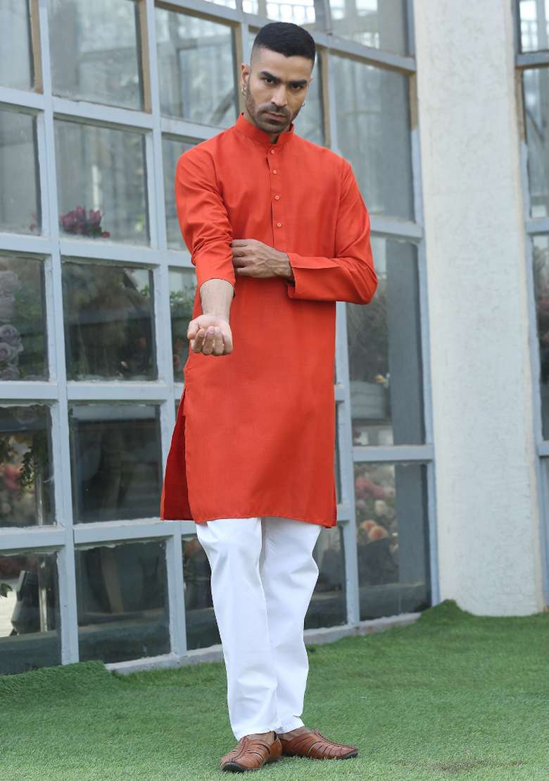 Orange Solid Cotton Blend Kurta For Men - Indya
