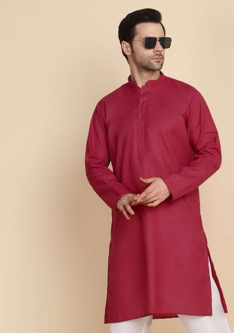 Red Solid Cotton Blend Kurta For Men - Indya