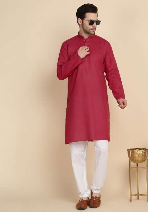Red Solid Cotton Blend Kurta For Men