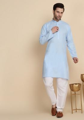 Sky Blue Solid Cotton Blend Kurta For Men