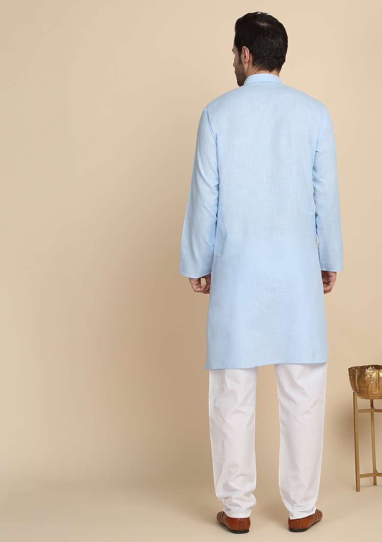 Sky Blue Solid Cotton Blend Kurta For Men - Indya