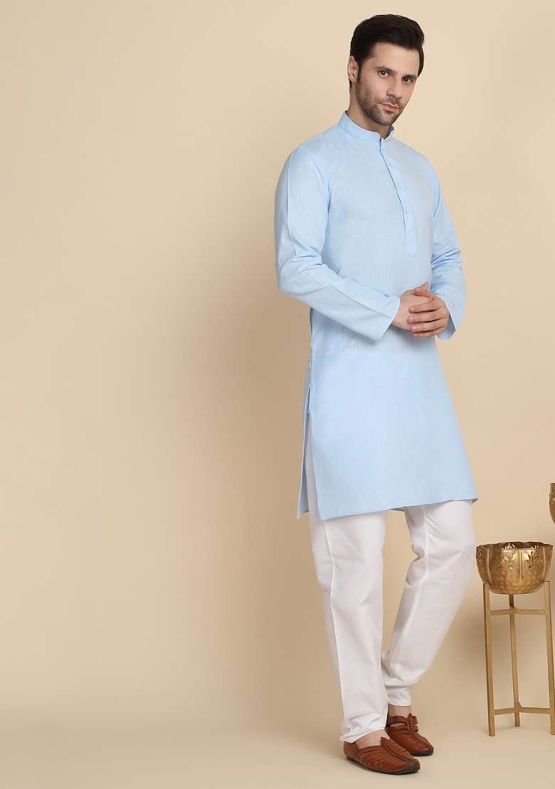 Sky Blue Solid Cotton Blend Kurta For Men - Indya
