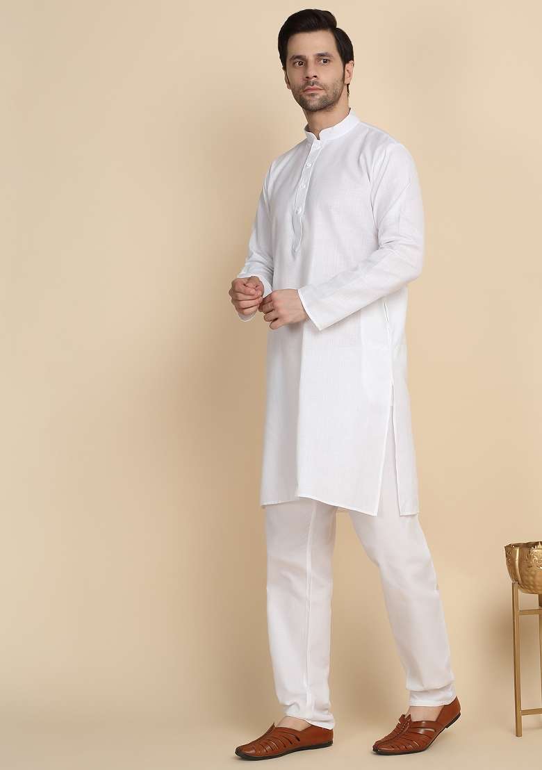 White Solid Cotton Blend Kurta For Men - Indya