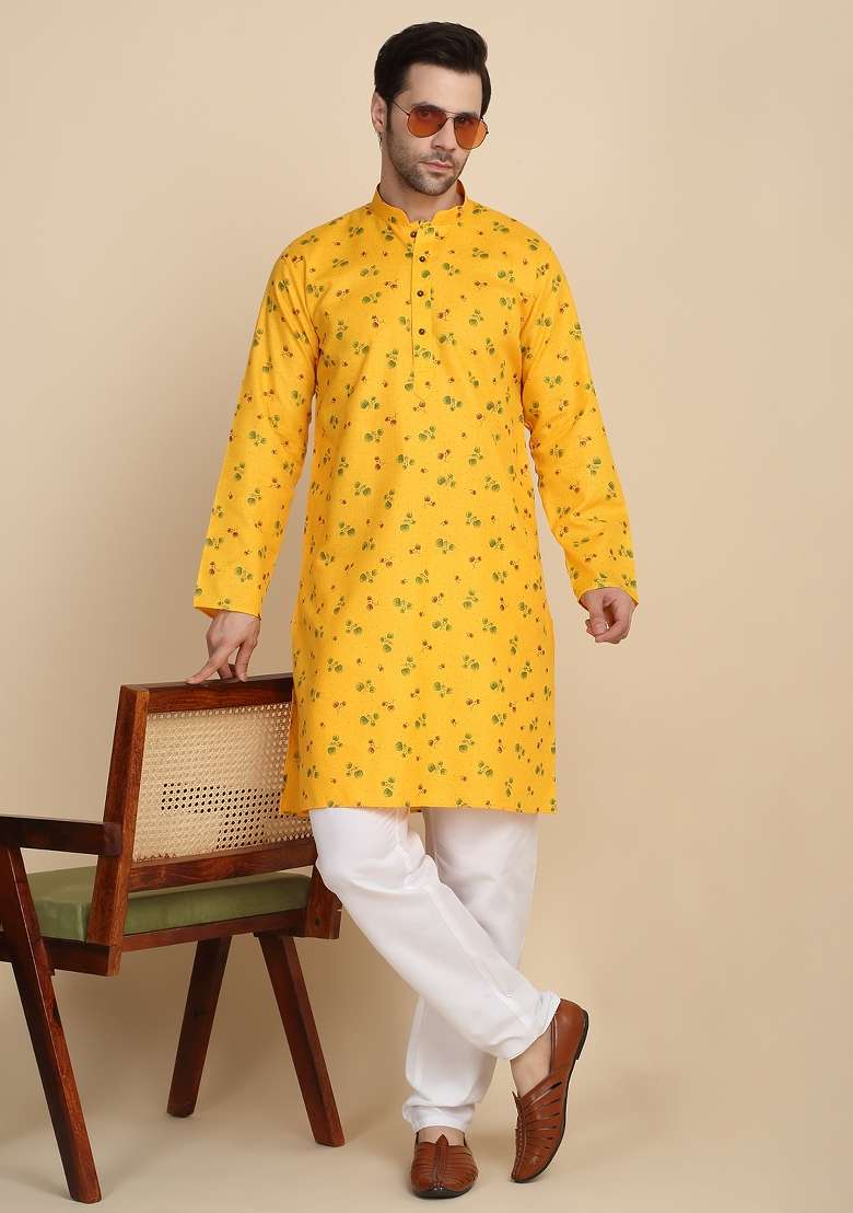 Yellow Printed Cotton Blend Kurta For Men - Indya