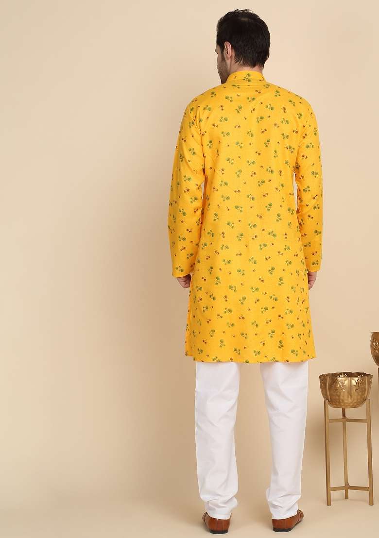 Yellow Printed Cotton Blend Kurta For Men - Indya