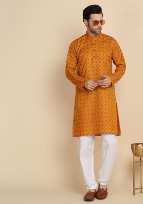 Mustard Printed Cotton Blend Kurta For Men