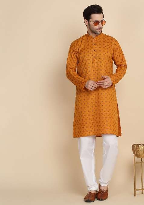 Mustard Printed Cotton Blend Kurta For Men