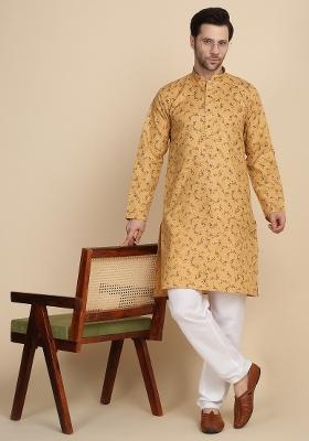 Beige Printed Cotton Blend Kurta For Men