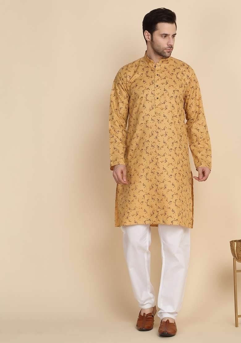 Beige Printed Cotton Blend Kurta For Men - Indya