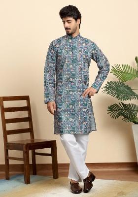 Blue Printed Cotton Blend Kurta For Men